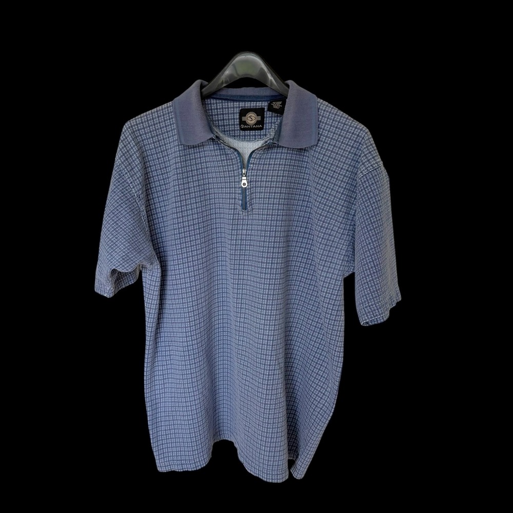 90's Santana Blue Plaid Quarter Zip Polo Shirt‎ XL Short Sleeve Cotton Textured